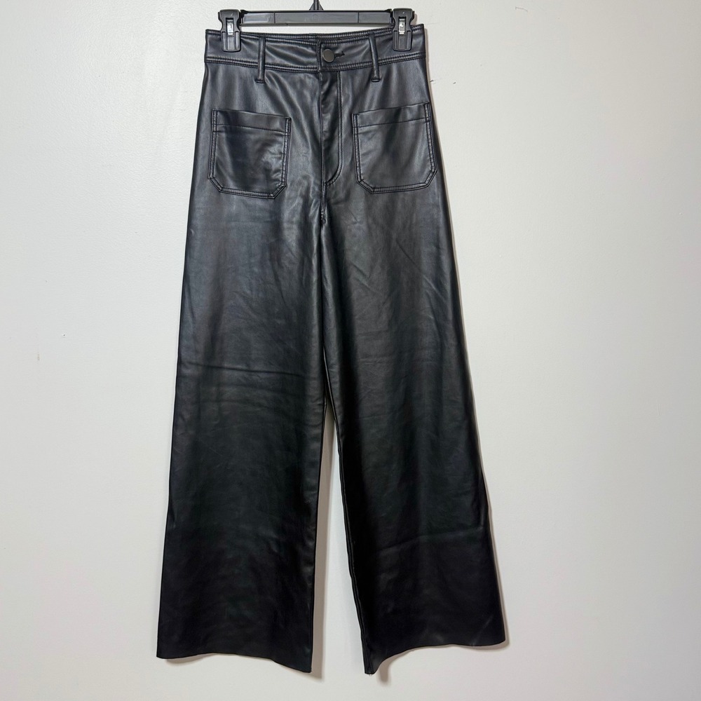 Zara Faux Leather Pants Women 4 Black High Rise Wide Leg Cropped Patch Pockets